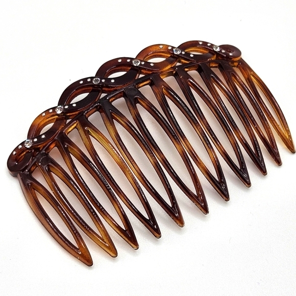 VINTAGE Classic Brown Plastic Rhinestone Detail Hair Comb Made in France - Picture 1 of 6
